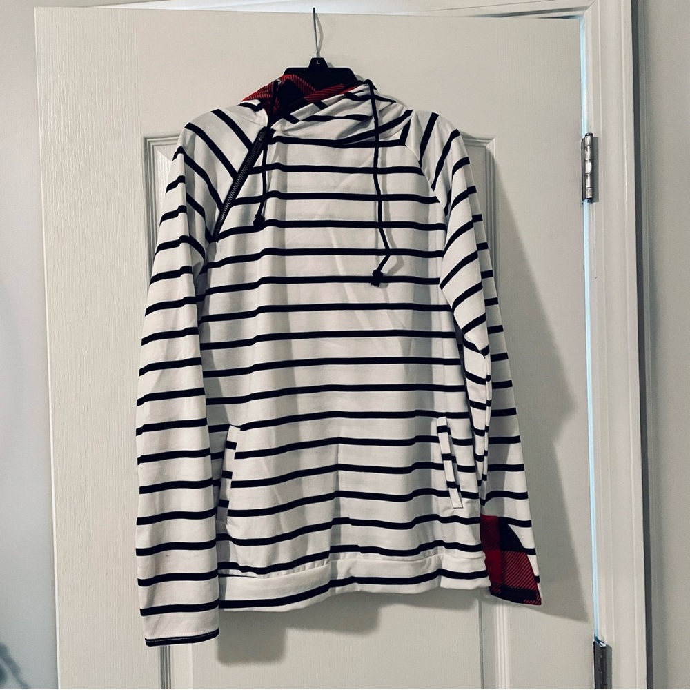 Striped pullover with cute double hoodie.